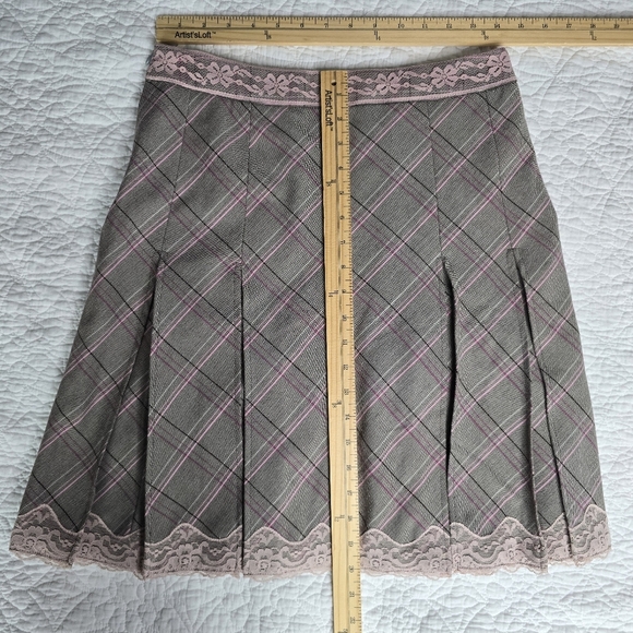 Etam Pink And Grey A-Line Plaid Lace Trim Pleated Knee Length Skirt - Picture 11 of 11